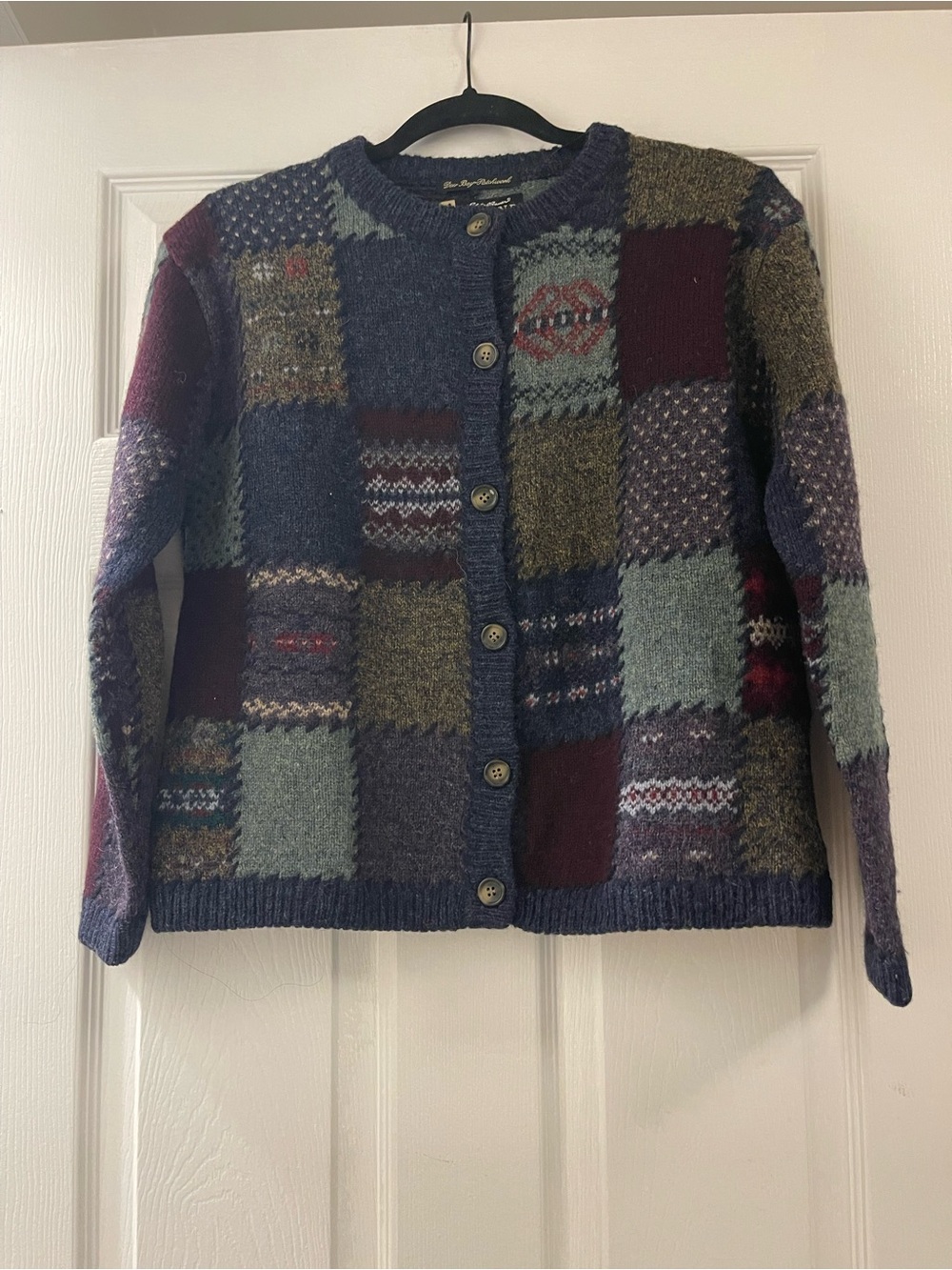 Eddie Bauer Legend Deer Bay Patchwork Wool Cardigan Petite Small